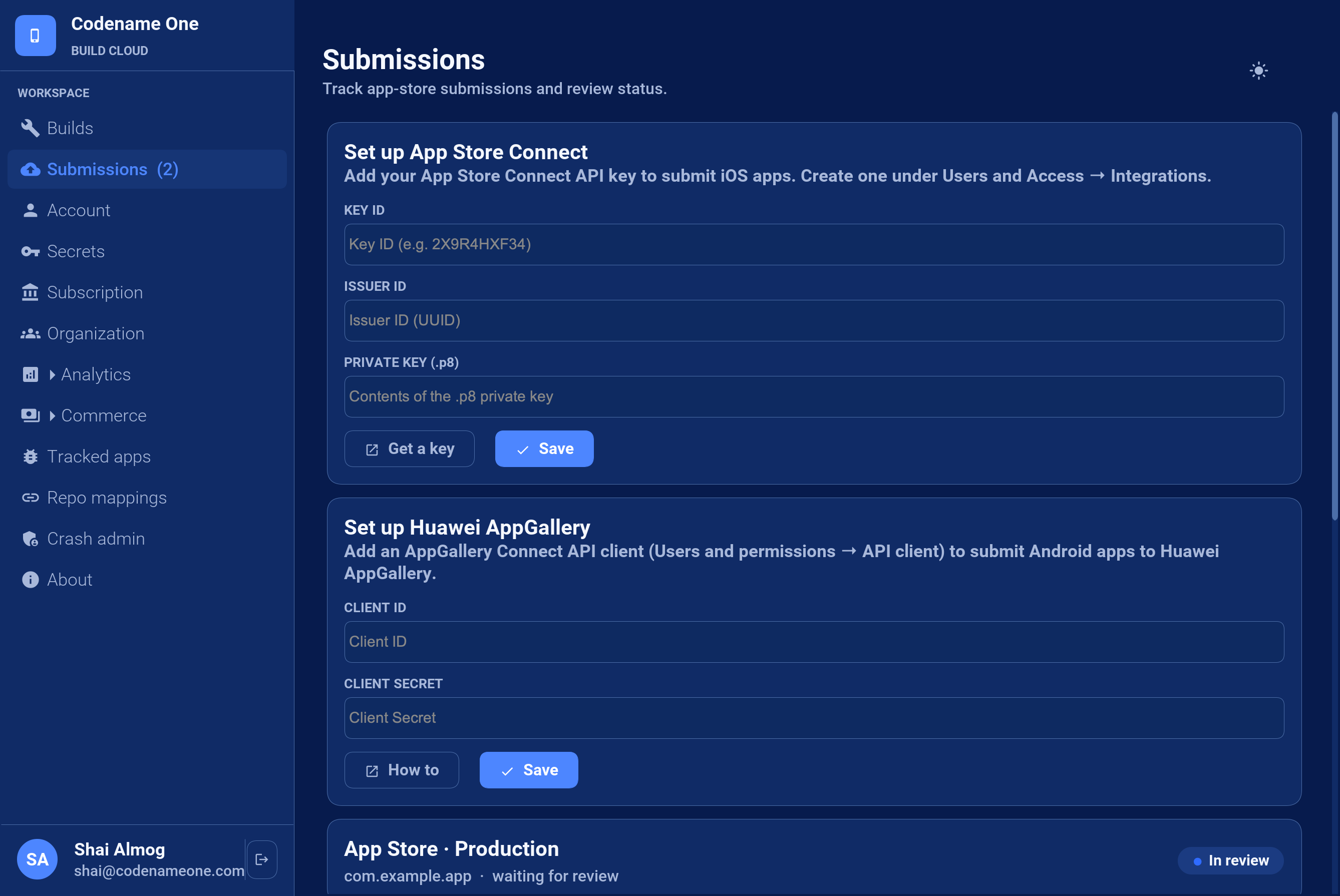 The submission credentials cards in the build console