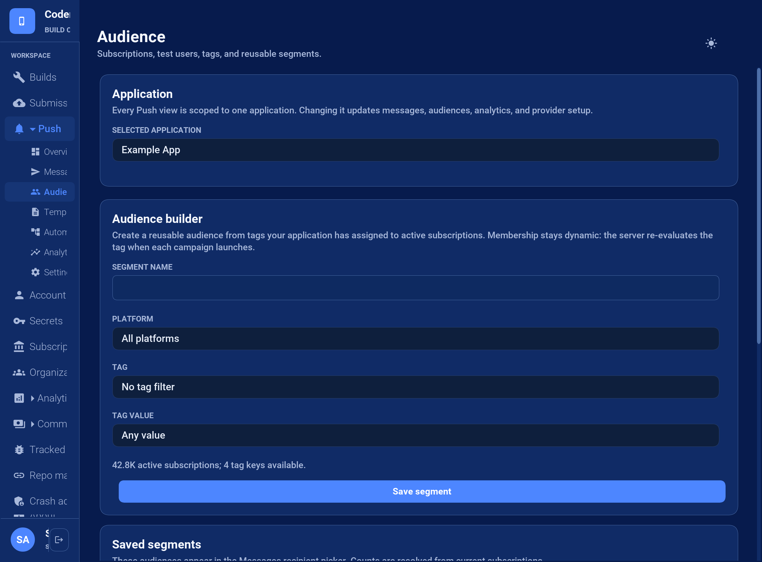 A saved push audience built from server-assigned subscription data