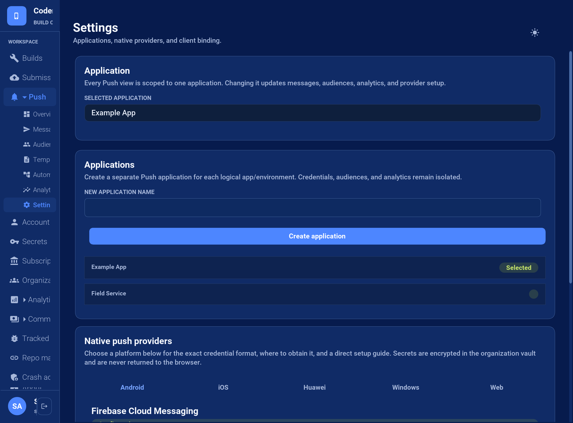 Push application settings and provider credentials