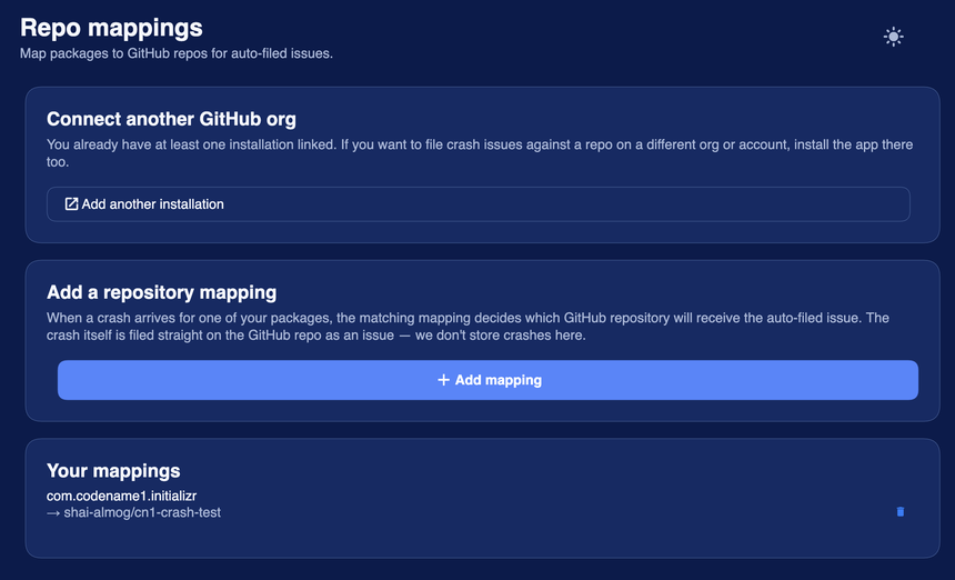 The repo-mappings console: mapping an app package to the GitHub repository that receives its auto-filed crash issues