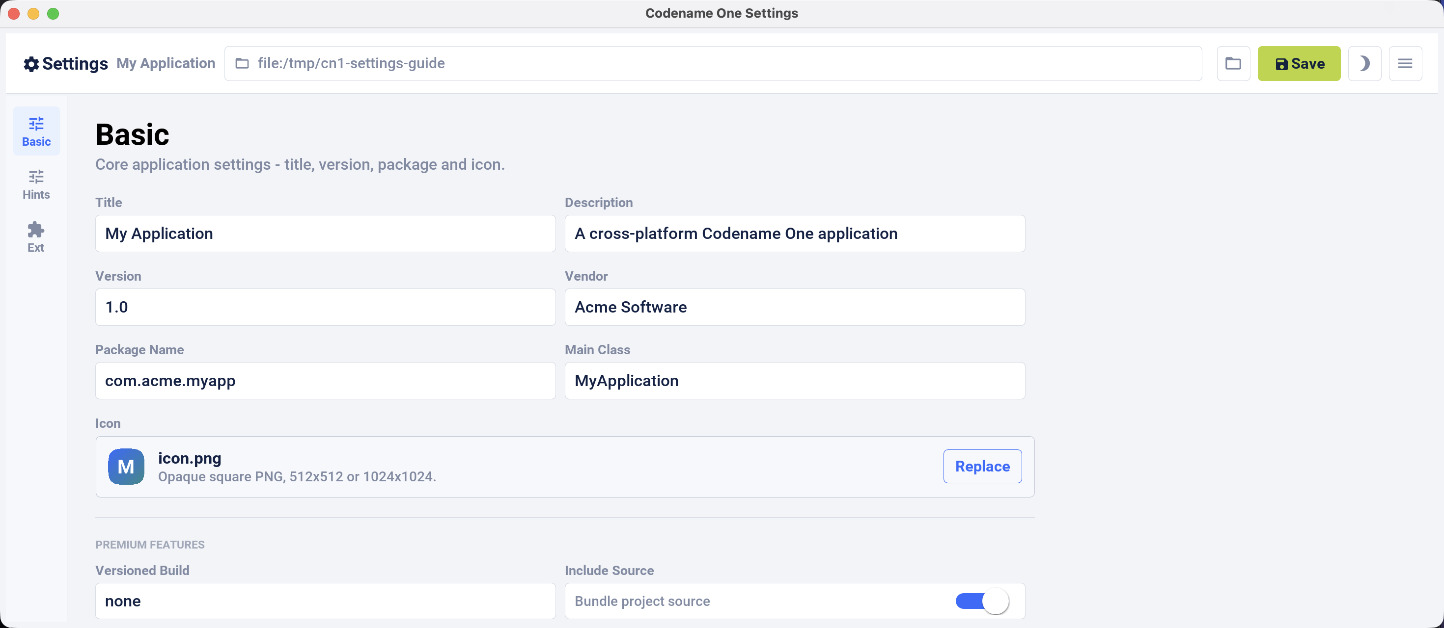 The Basic screen in the standalone Codename One Settings tool