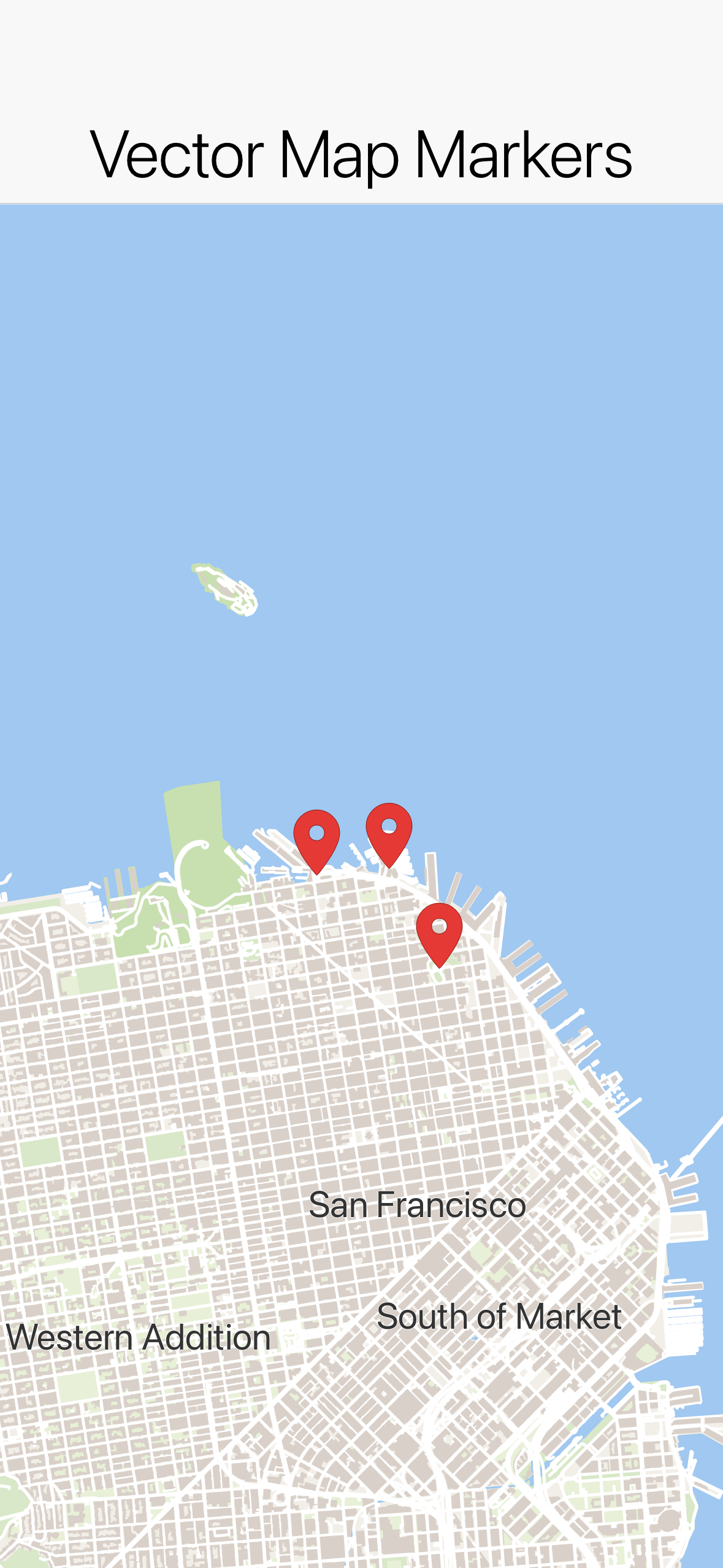 The vector map with markers placed on it
