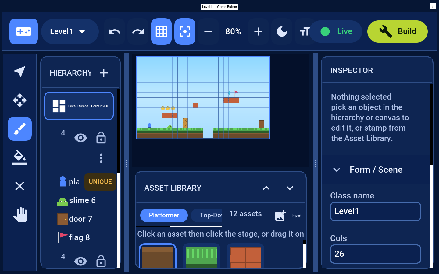 The Game Builder editing a 2D platformer